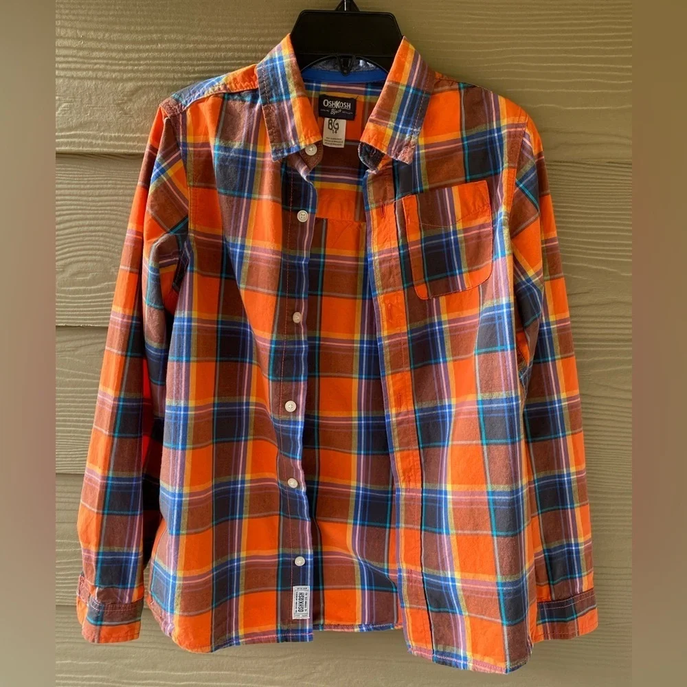 OshKosh B'Gosh Boys' Orange Blue Plaid Woven Buttonfront Cotton Shirt Size 14